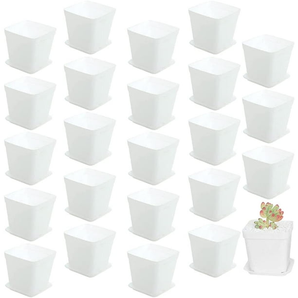 Lot de 24 pots de fleurs carrés en plastique blanc de 7,6 cm avec soucoupe,  pot de fleurs pour semis de pépinière, pots de plantes en plastique carrés  blancs pour plantes succulentes