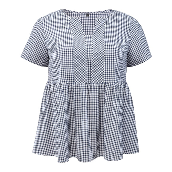DARING DIVA Women's Plus Gingham Tops Plaid Notch Neck Blouse 1X Navy Blue