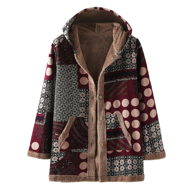 Women's Jacket Printed Long Sleeve Hooded Coat Soft Warm Plus Size Outerwear Button Front Casual Winter Sweatshirt