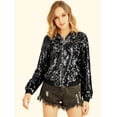 thumbnail image 3 of Chaqueta de Bombardero de Lentejuelas con Cremallera Y Manga Larga Recortada para Mujer Negro M Allegra K, 3 of 6