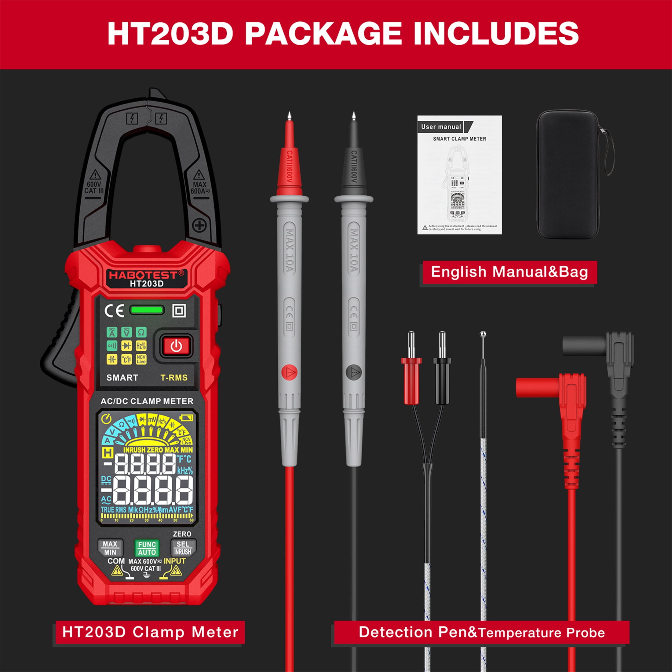 HABOTEST HT203D Digital Clamp Meter Multimeter,6000 Counts, Data Retention，Auto-ranging Amp Voltage Tester for Measuring Voltage, Current,NCV Clamp Multimeter