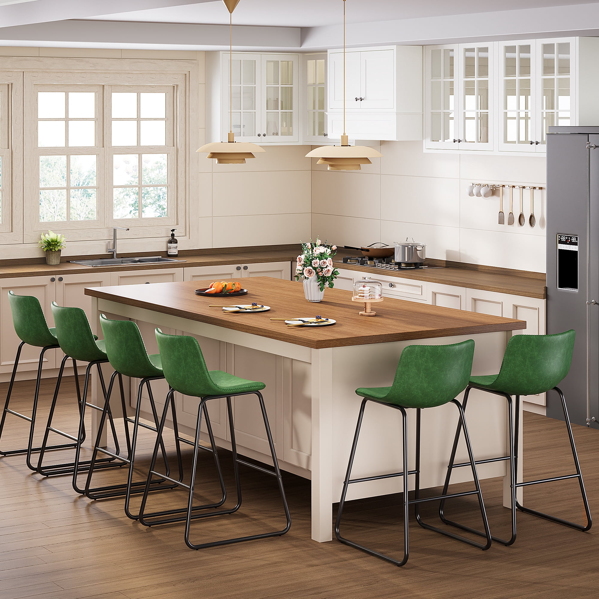 Aufeile 26" Counter Height Bar Stools Set of 3 – Modern Faux Leather Barstools with Back & Metal Legs, Kitchen Bar Chairs for Island, Dining Room, Green
