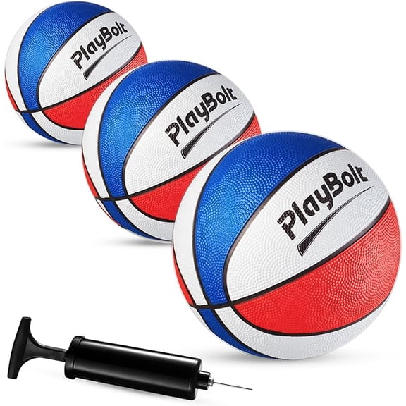 PlayBolt Size 3 Mini Basketballs – 7 Inch, 3 Pack (Red, White & Blue) | Youth Rubber Basketballs with Hand Pump for Kids – Indoor & Outdoor Hoops, Training & Practice