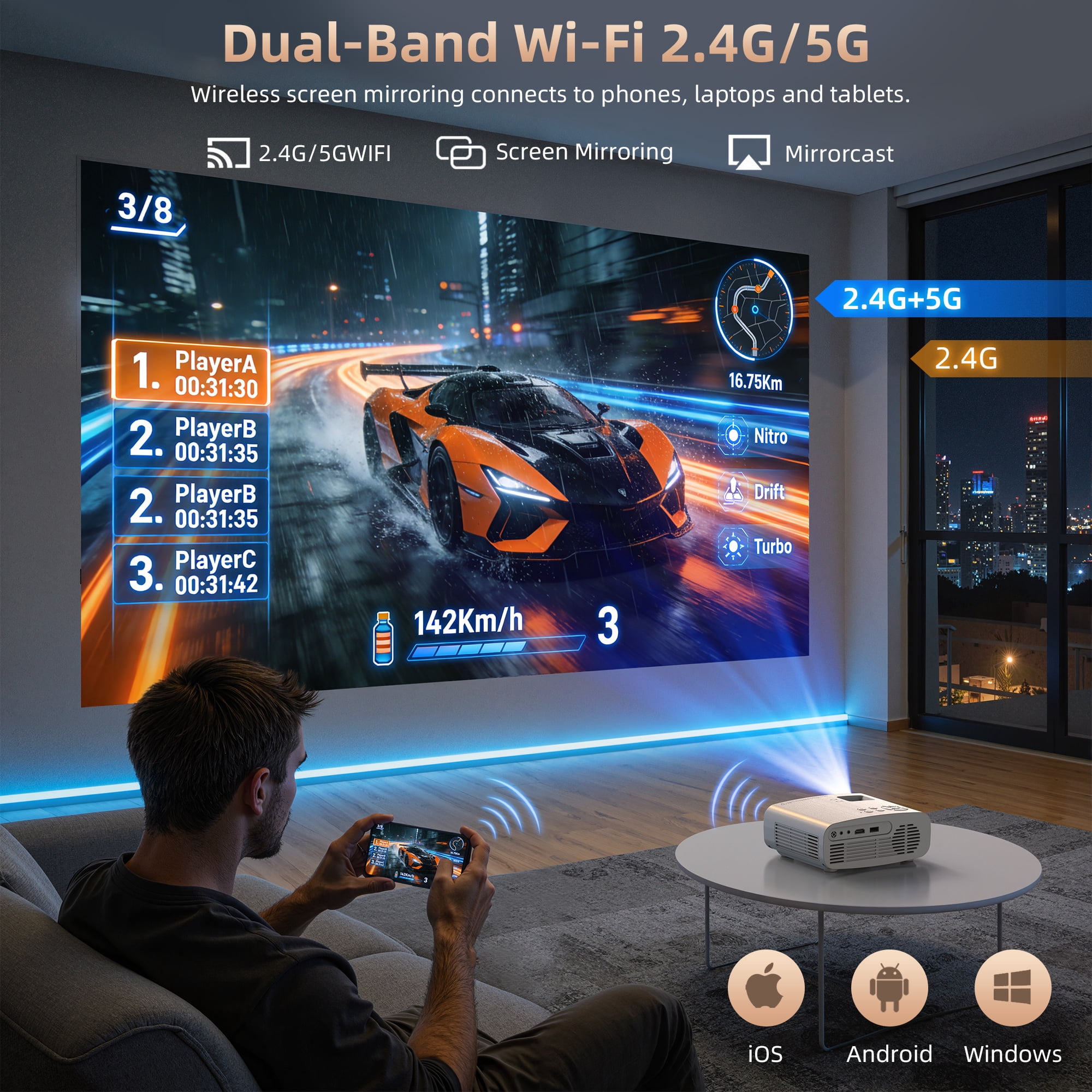 CEBORY 5G WiFi Projector With Bluetooth, Native 1080P Outdoor Movie Projector (Projector Screen and Tripod Included), Mini Portable Video Projector Compatible With HDMI/ USB/ AV/ Smartphone/ TV Stick
