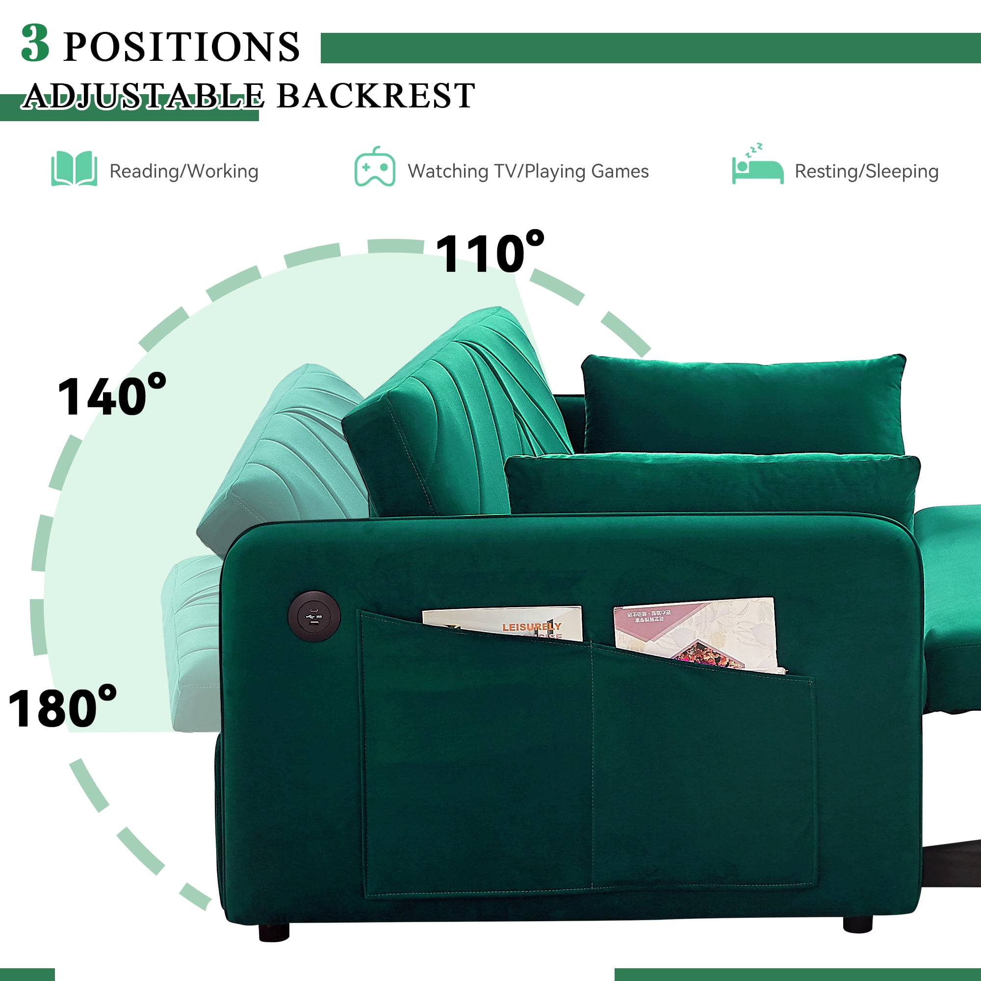 Dinosisco Convertible Sleeper Loveseat with USB, 55" Velvet Futon Sofa Bed, Green
