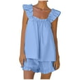 thumbnail image 2 of Riforla Women's Pajama Sets 2 Piece Outfits Sleeveless Sleepwear Ruffle Crop Top and Casual Shorts Loungewear Outfit Matching Sets Women Clothing Blue S, 2 of 9