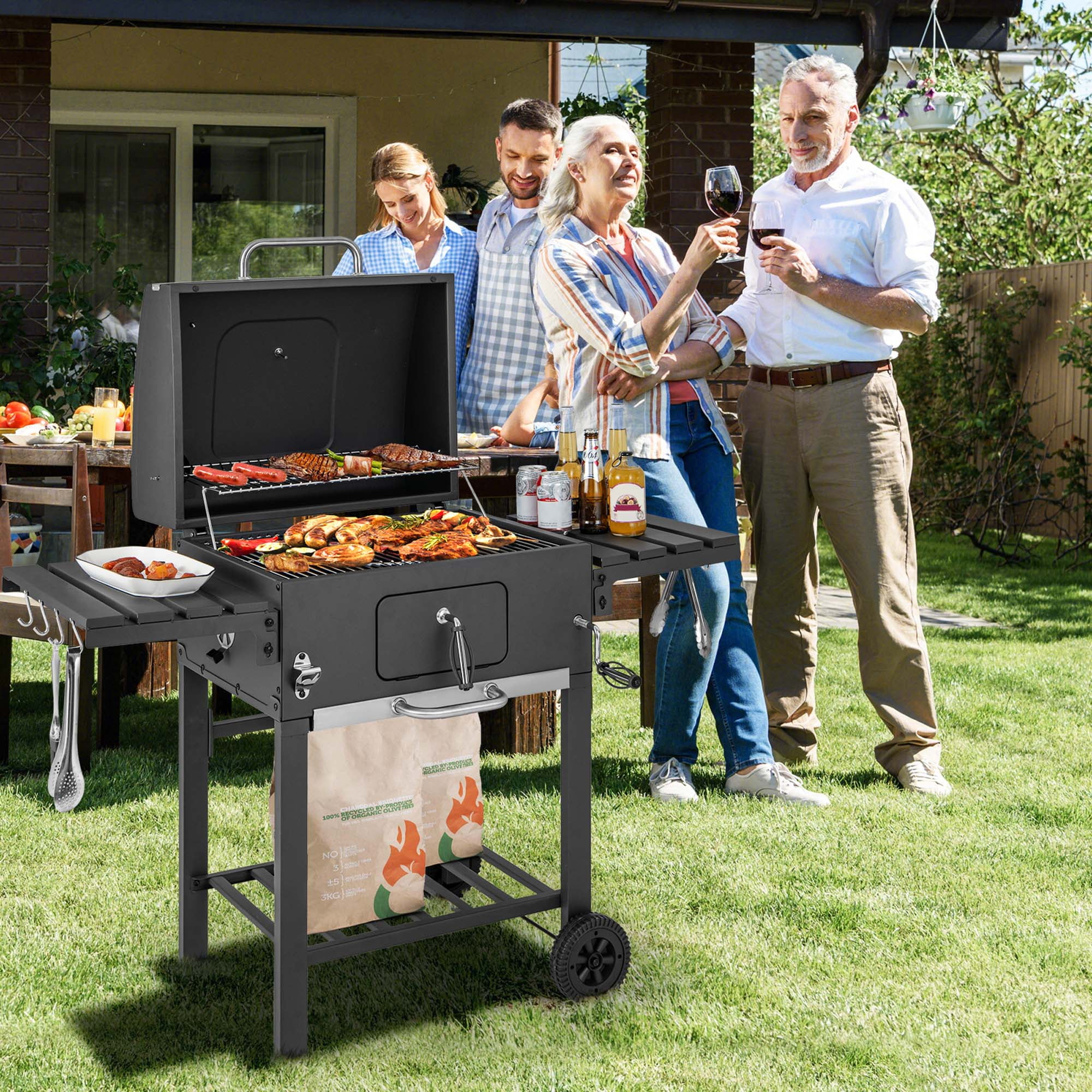 Costway Outdoor Charcoal Grill 391 sq.in. Cooking Area 2 Foldable Side Table BBQ Camping