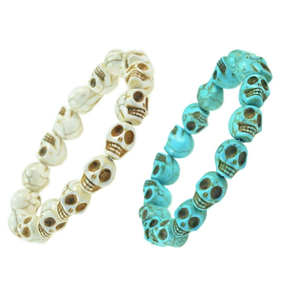 Blue and White Skull turquoise Stretch Bracelets  - Tibetan Prayer Skeleton Hand Bracelet - set of 2 - 91078