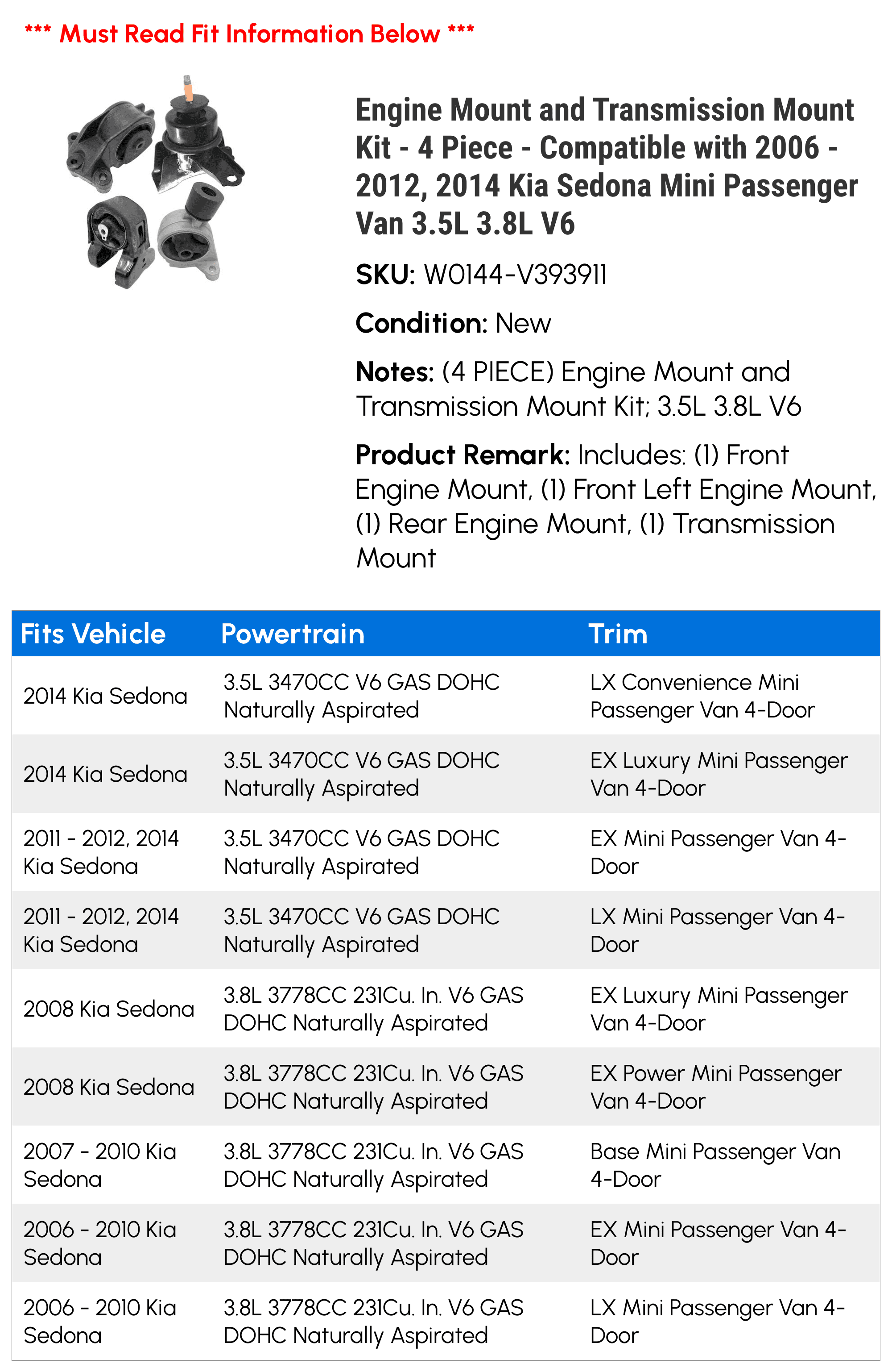 Engine Mount and Transmission Mount Kit - 4 Piece - Compatible with 2006 - 2012, 2014 Kia Sedona Mini Passenger Van 3.5L 3.8L V6 2007 2008 2009 2010 2011
