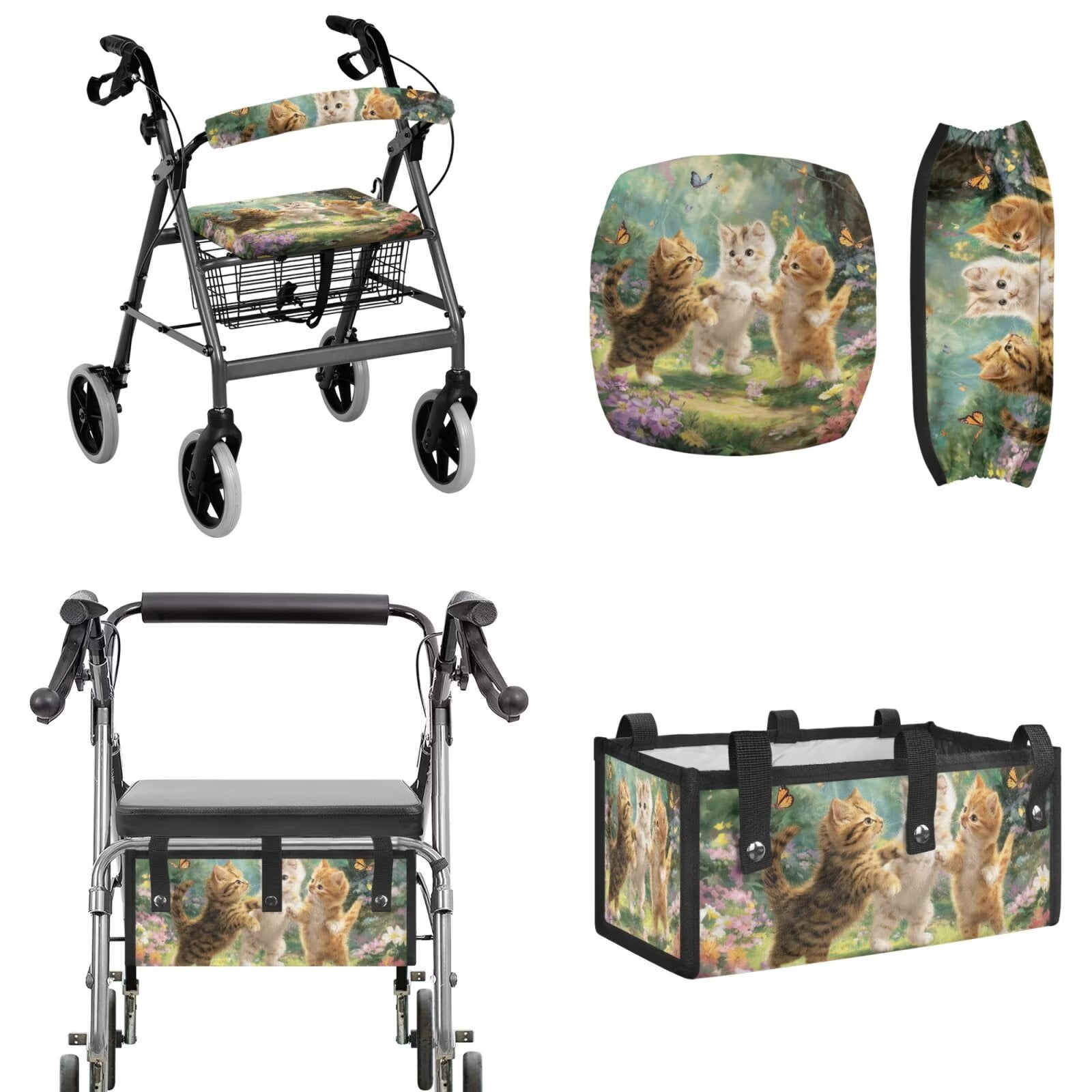 COEQINE Rollator Walker Seat and Backrest Covers with Storage Bag 3 Pieces Set, Universal Washable Rollator Walker Accessories Gifts for Seniors Ladies, Cute Cat Butterfly Forest