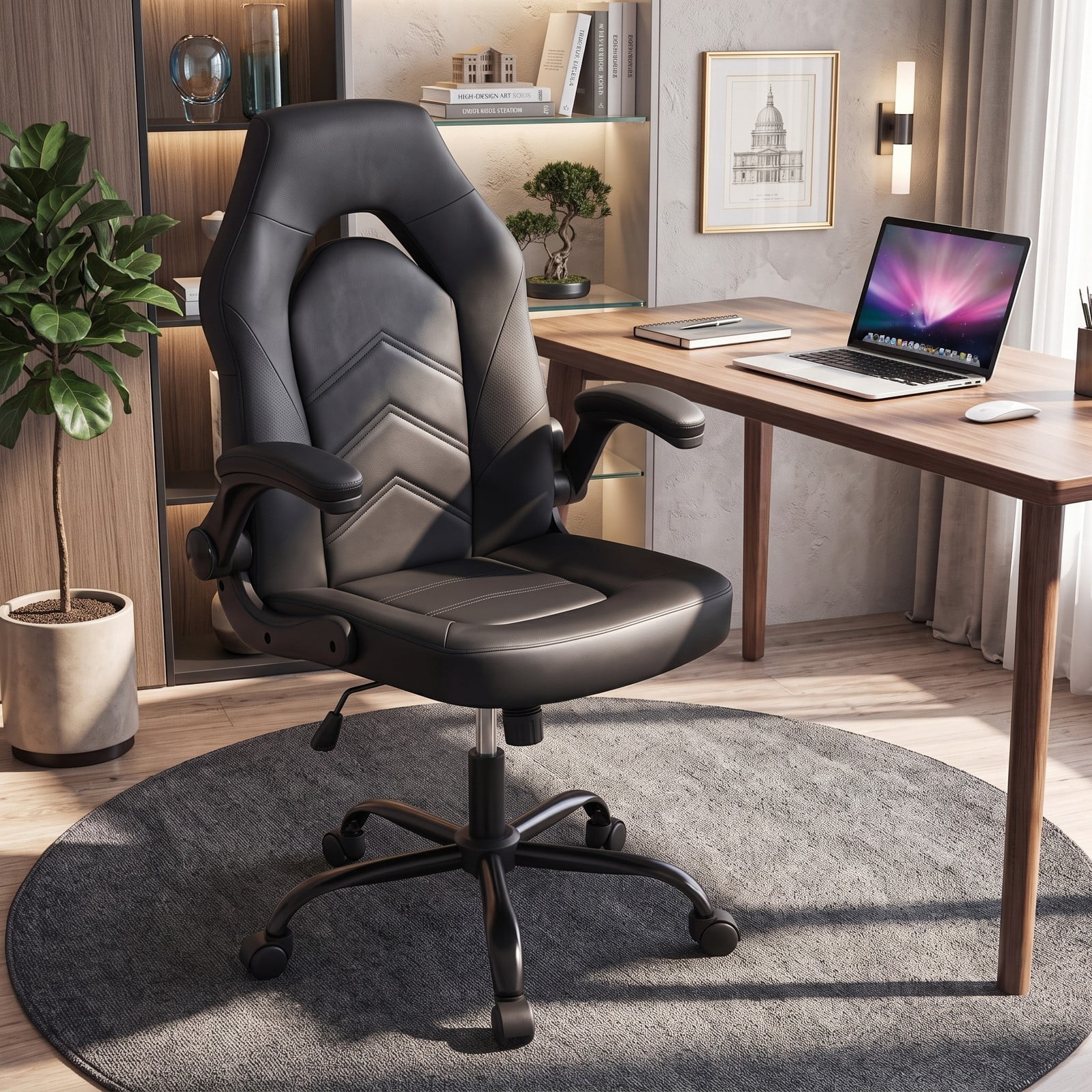 Furnibear Ergonomic Leather Office Chair, High Back Executive Computer Desk Chair with Flip-up Armrests, Adjustable Height Swivel Task Chair, Rolling Rocking, Black