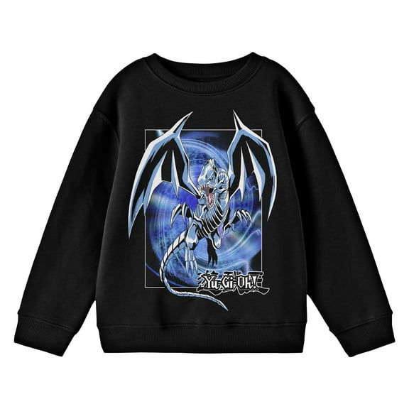 Yu-Gi-Oh Blue-Eyes White Dragon Crew Neck Long Sleeve Black Fleece Youth Tee-Medium