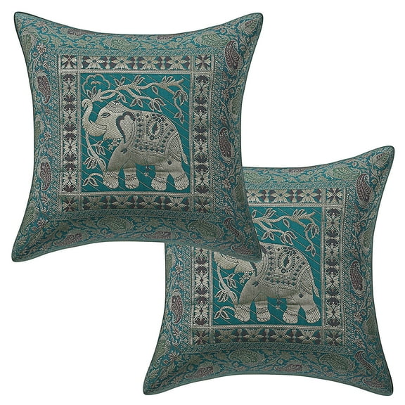 Stylo Culture Ethnic Settee Sofa Throw Pillow Covers 16 x 16 Jacquard Sea Green Gold Traditional 40x40 cm Home Decor Brocade Elephant Zippered Square Cushion Covers | Set Of 2