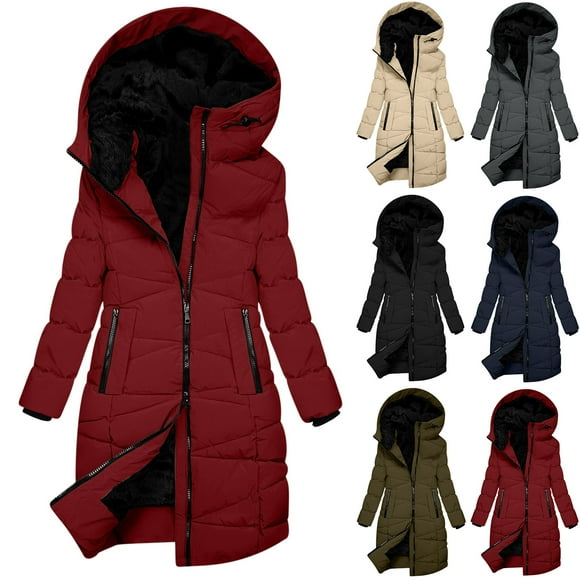 JURANMO Womens Slim Down Jacket Solid Color Fleece Lined Warm Winter Coat Mid Length Hood Quilted Jackets with Pocket Deals of the Day Beige XXL