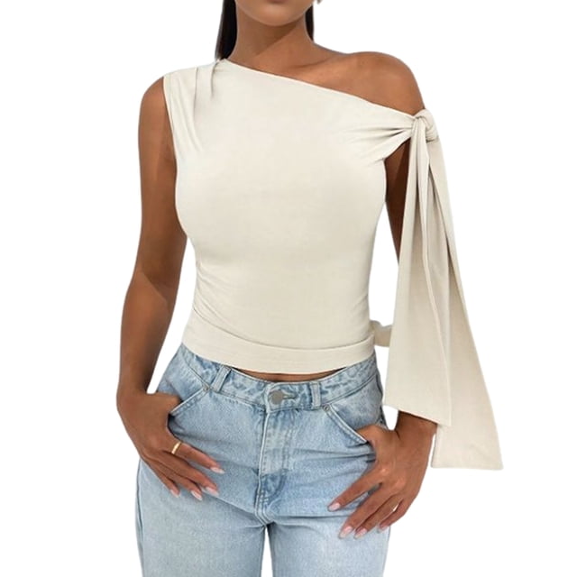 Women'S Ruched One Off the Shoulder Tank Tops Asymmetrical Neck Tie Shoulder Going Out Top XS