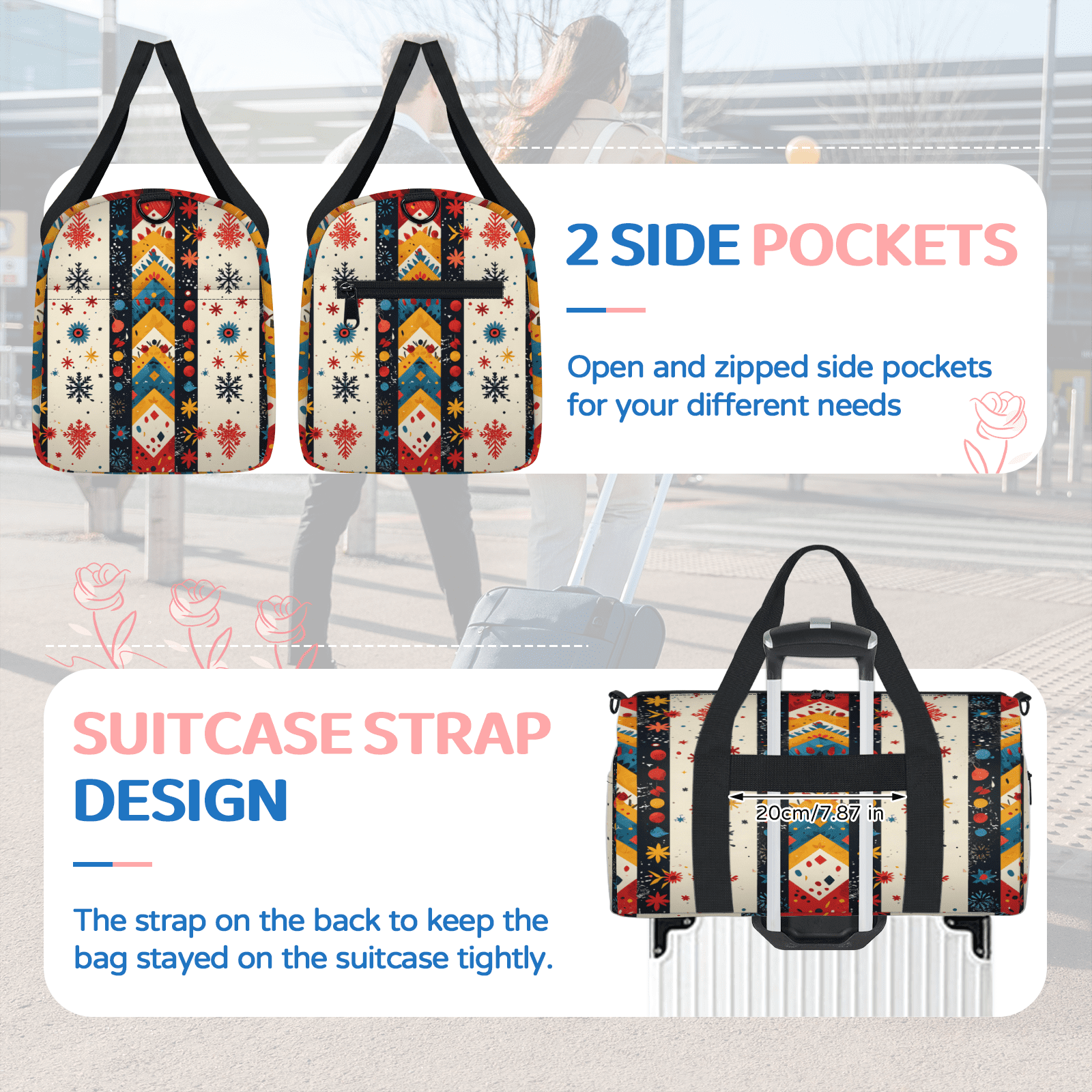 Herdesigns Mexico Gym Bag for Women, Duffle Bag for Travel Sport, Floral Lightweight Waterproof Carry on Weekender Dance Yoga Workout Bags