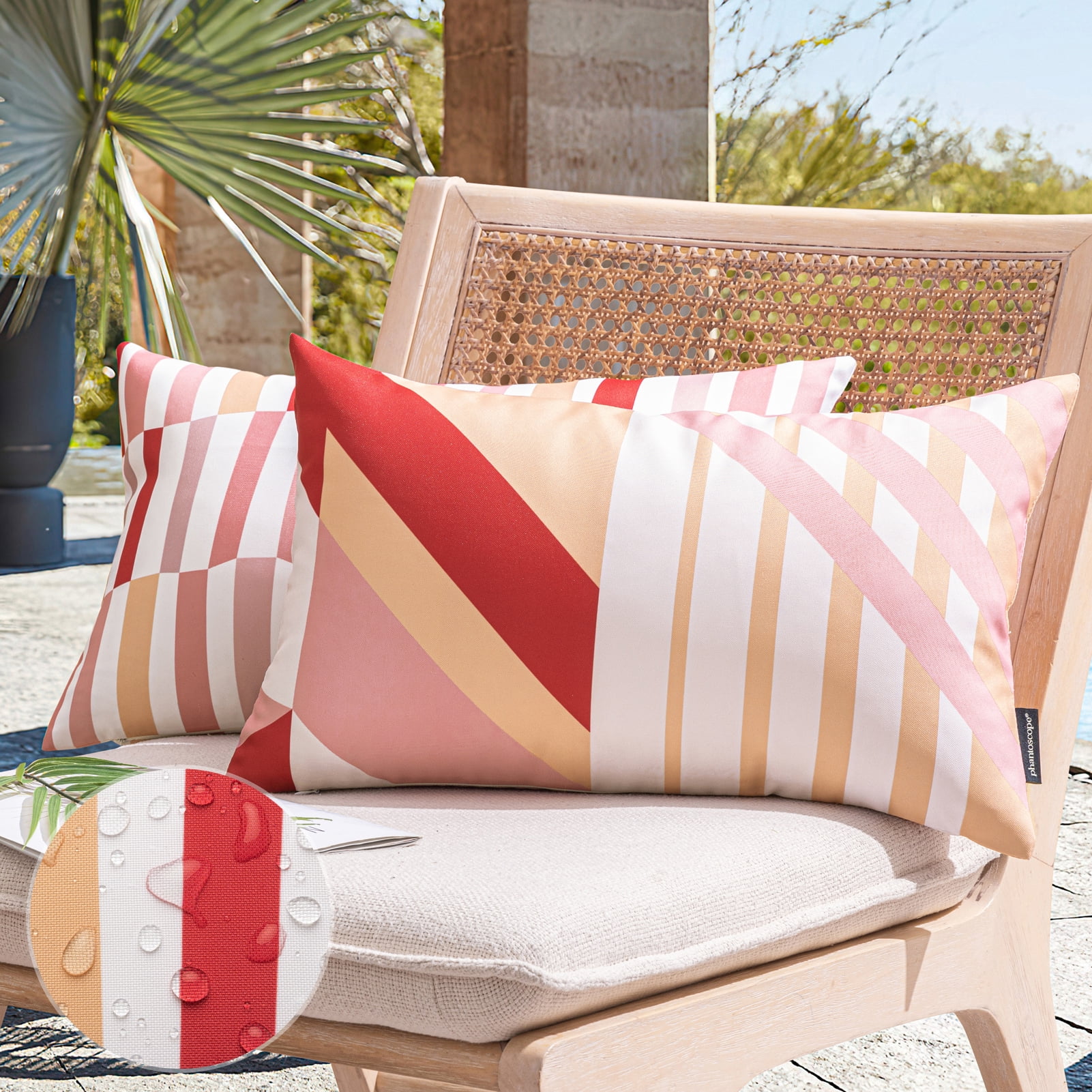 Phantoscope 2 Pack Waterproof Outdoor Decorative Throw Pillow 12x20, Geometric Color Block Patio Cushion Cases for Couch & Tent, Red & Pink