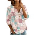 thumbnail image 3 of Women's Patchwork Floral 3/4 Sleeve Blouse - V-Neck Button Down Boho Tunic Top, Lightweight Casual Loose Fit Shirt for Spring Summer Pink L, 3 of 6