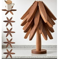 4-Piece Walnut Wood Tree Shape Trivets Set with 1 Stand, Foldable Wooden Trivets for Hot Dishes, Pots, Bowls, Teapots, Hot Pot Holders - Stores Like a Christmas Tree