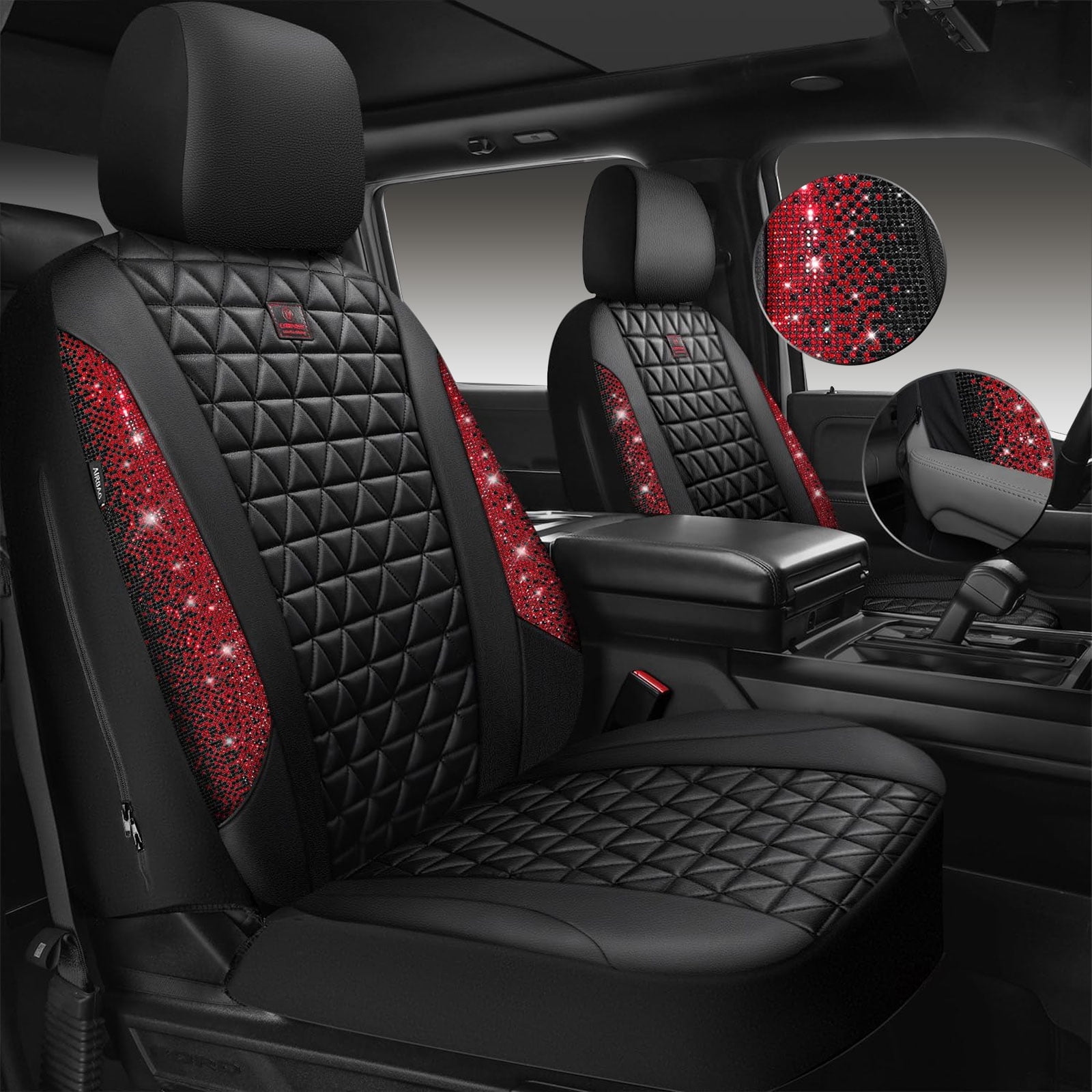 CAR GRAND Bling diamond leather automotive seat covers full set water proof shining glitter sparkly crystal rhinestone universal armrest fit girl woman lady red