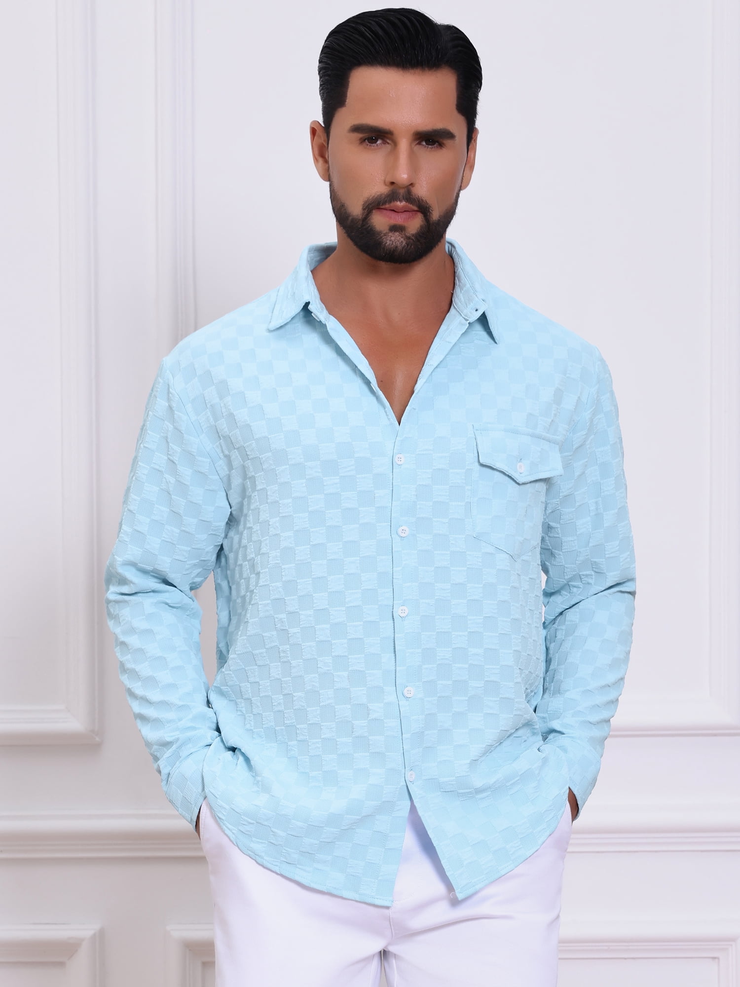 DARING DIVA Men's Plaid Textured Casual Long Sleeve Button Down Shirt 3XL Sky Blue