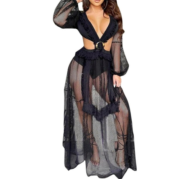 VISgogo Vestido largo a la moda para mujer, Body triangular recortado con escote en V profundo Patchwork Hollow-out Mesh Plaid Vestidos de una pieza VISgogo moda