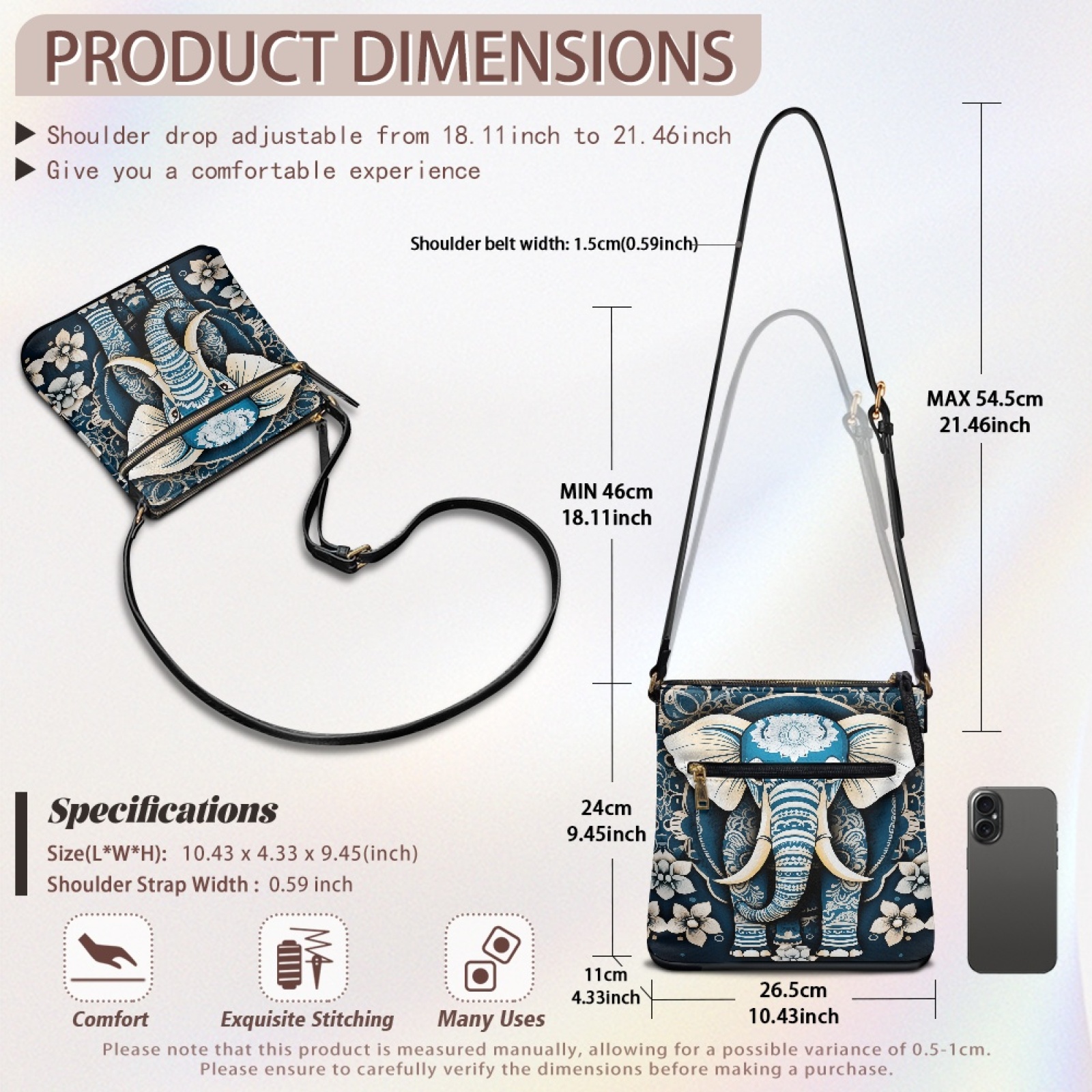 LedBack Elephant Print Leather Shoulder Purse for Women Crossbody, Zipper Hobo Bag Messenger Purse Medium Size Satchel Purse with Adjustable Strap, Blue
