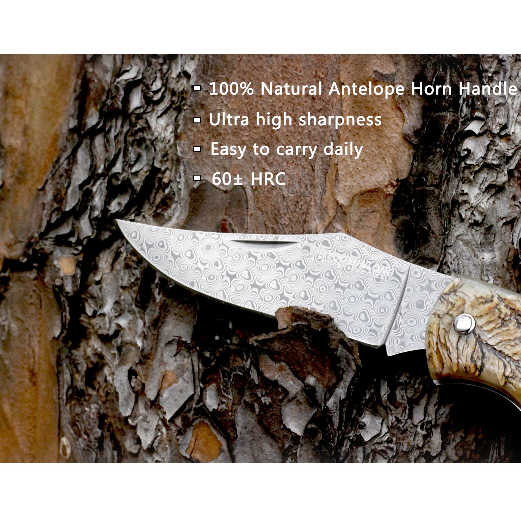 YOUSUNLONG Damascus Steel Folding Knife 205mm Japanese Hunting Pocket Knife with Antelope Horn Handle