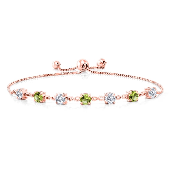 Gem Stone King 18K Rose Gold Plated Silver White Moissanite and Green Peridot Infinity Links Bracelet for Women (2.67 Cttw, Round 4.5MM, Fully Adjustable up to 9 inch)