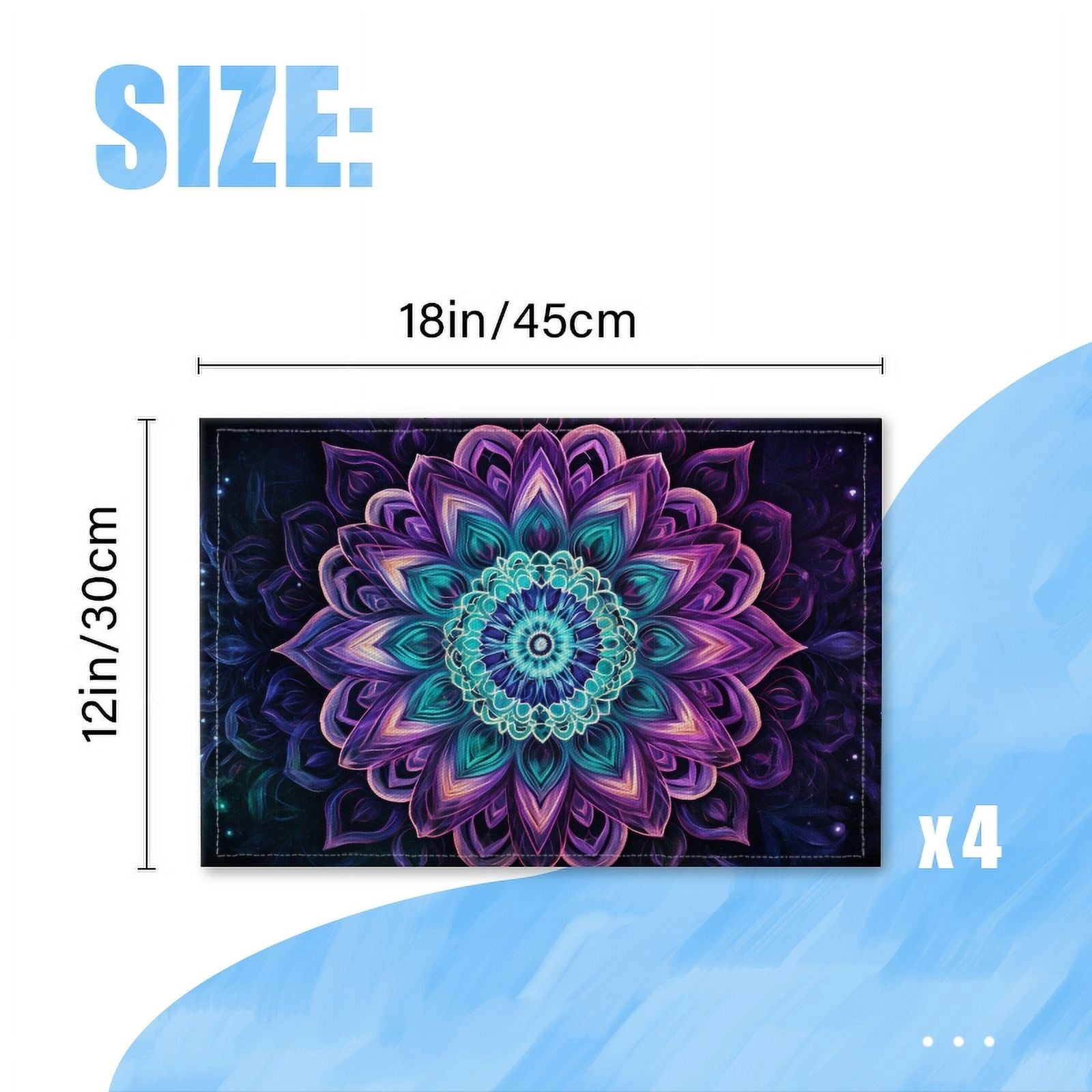 BaHomeck placemats Set of 4 rectangle Linen Cotton Placemats for Dining Table Washable Heat Resistant,18*12inch,Beautiful Mandala Glowing With Vibrant Colors Of Purple And Teal