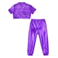 thumbnail image 4 of Hansber Kids Girls Cheerleading Jazz Dance Costume Mock Neck Short Sleeve Sparkly Sequins Crop Top Purple 12, 4 of 5