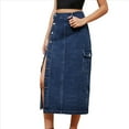 thumbnail image 3 of Women'S Casual High Waist Denim Mid Skirt Slit Button Up Jean Skirts with Pockets Dark Blue S, 3 of 7