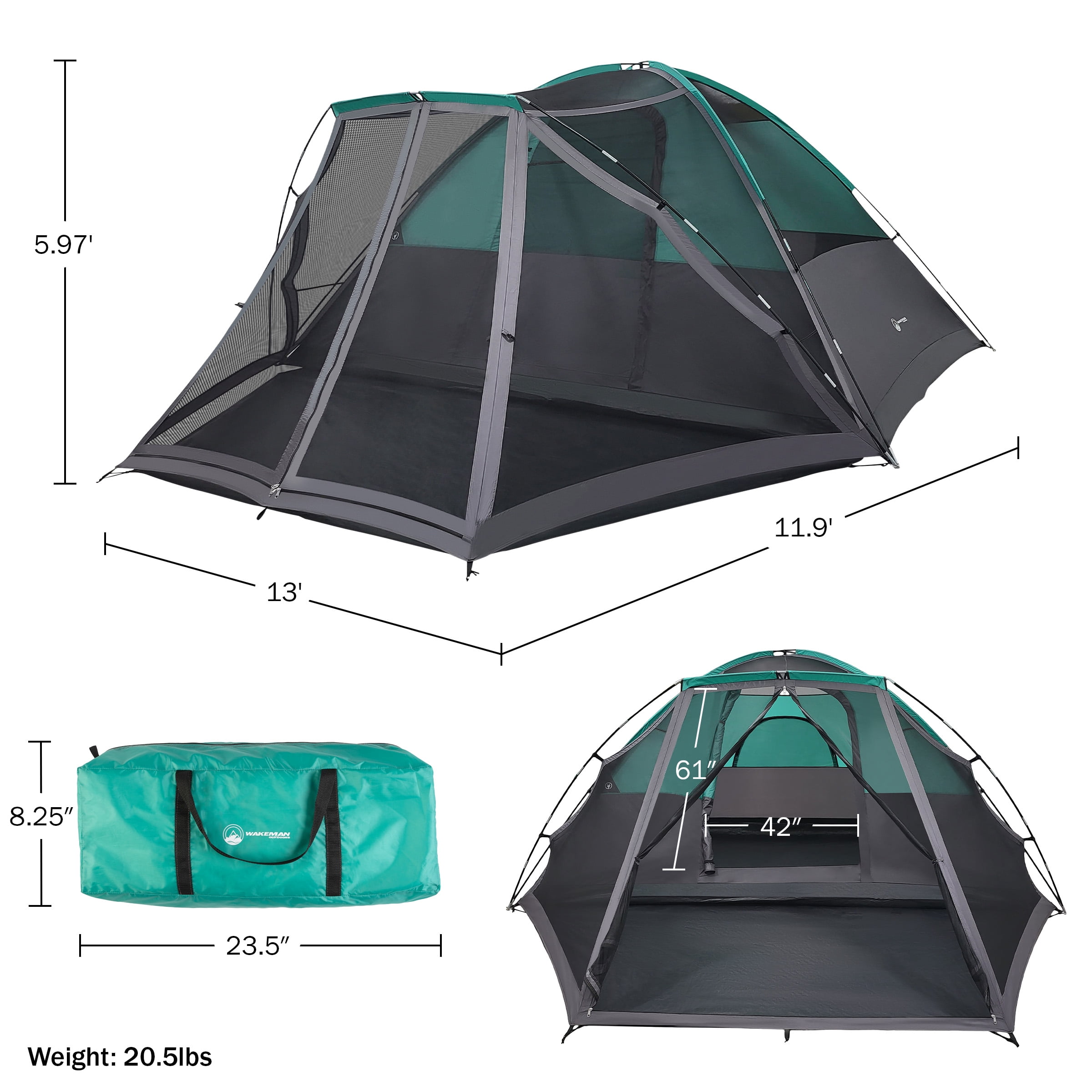 Wakeman Outdoors Cabin-Style 6 Person Camping Tent with Screen Room, Teal