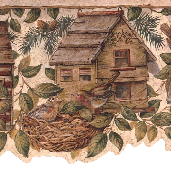 CONCORD WALLCOVERINGS â„¢ Papier Peint Bordure Motif Vintage Maisons d'Oiseaux Feuilles, Bordure Coupée pour Cottage Ferme Salon, Marron Vert, 15 Pieds par 8.5 Po BSB7142B