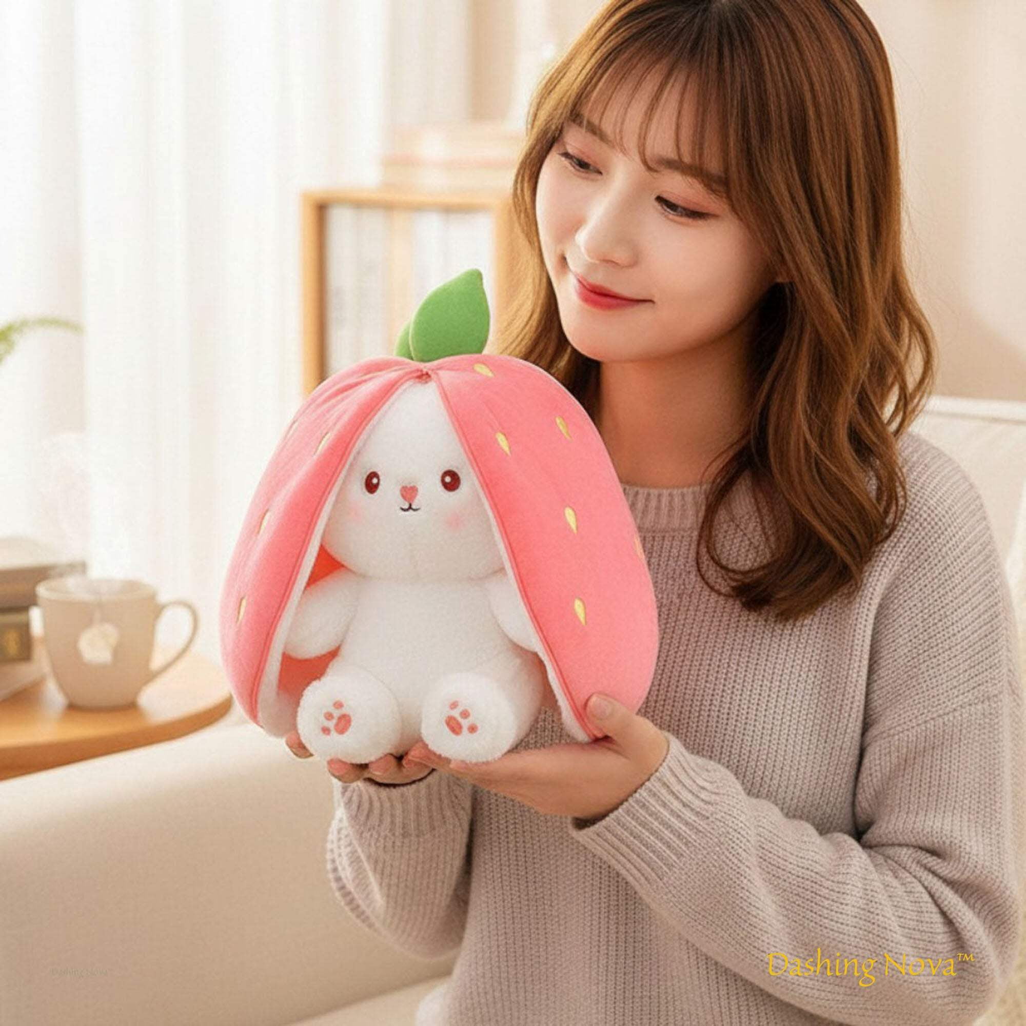 Strawberry Bunny Plush Toy Transformable Rabbit Cute Stuffed Animal, Pink, Large 19.7 inch