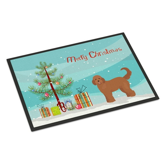 Tan Goldendoodle Christmas Tree Door Mat
