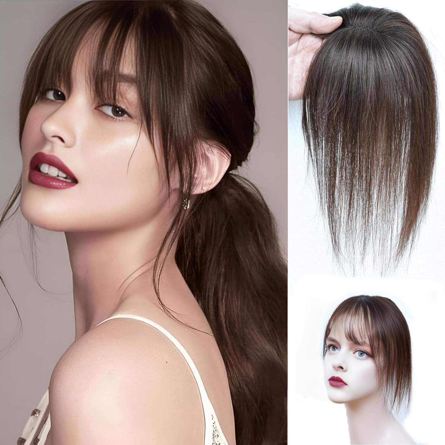 Bangs Hair Clip, Clip in Bangs Hair Toppers for Women 100% Real Human Hair, Clip on Bangs 360° 3D Cover Wispy Fake Clip in Hair Extensions for Women Daily (Dark Brown)