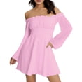 thumbnail image 5 of Laqbezok Women's Off Shoulder Ruffle Mini Dress, Long Lantern Sleeve Smocked Waist Sundress, Solid Color Casual A-Line Dress for Party Club, 5 of 8