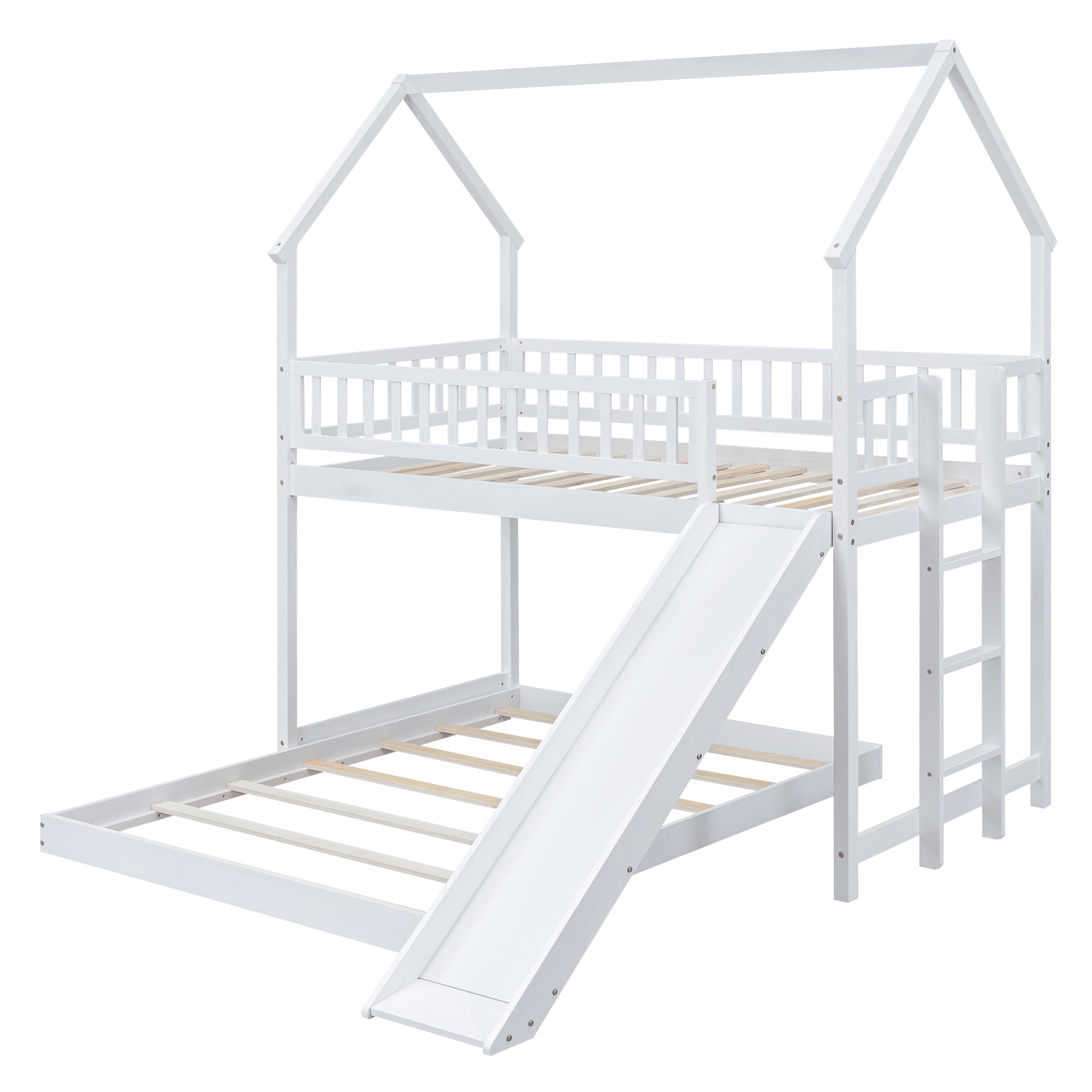 Twin Over Full House Bunk Beds with Slide, Kids Bunk Beds with House Shape Roof, Solid Wooden House Bunk Bed with Built-in Ladder, Full-Length Guardrail for Kids Teens Adults