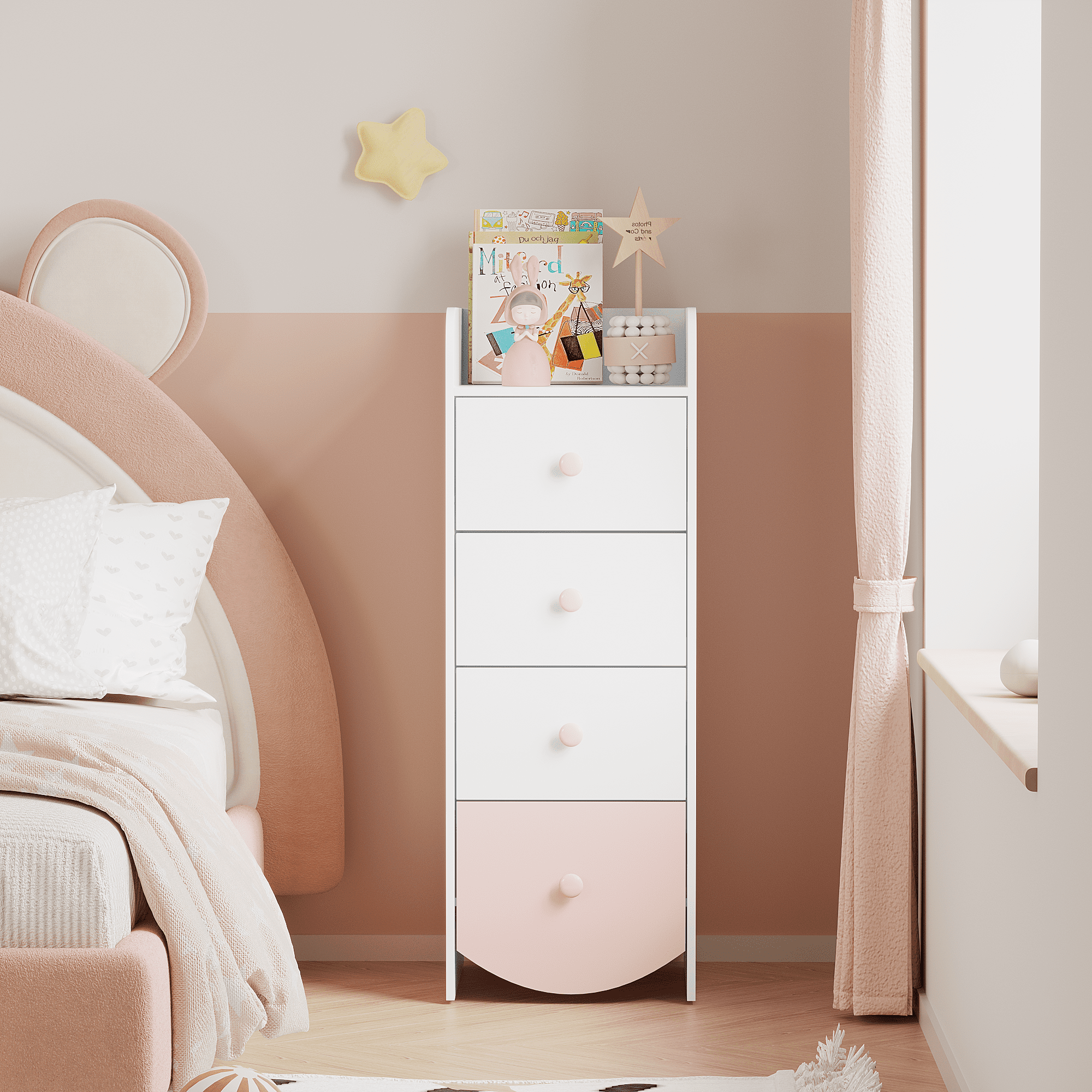 Kids Dresser with 4 Drawers, Narrow Storage Cabinet for Kids Room, MDF Chest of Drawers with Round Bottom Design, Nursery Bedroom Organizer, White
