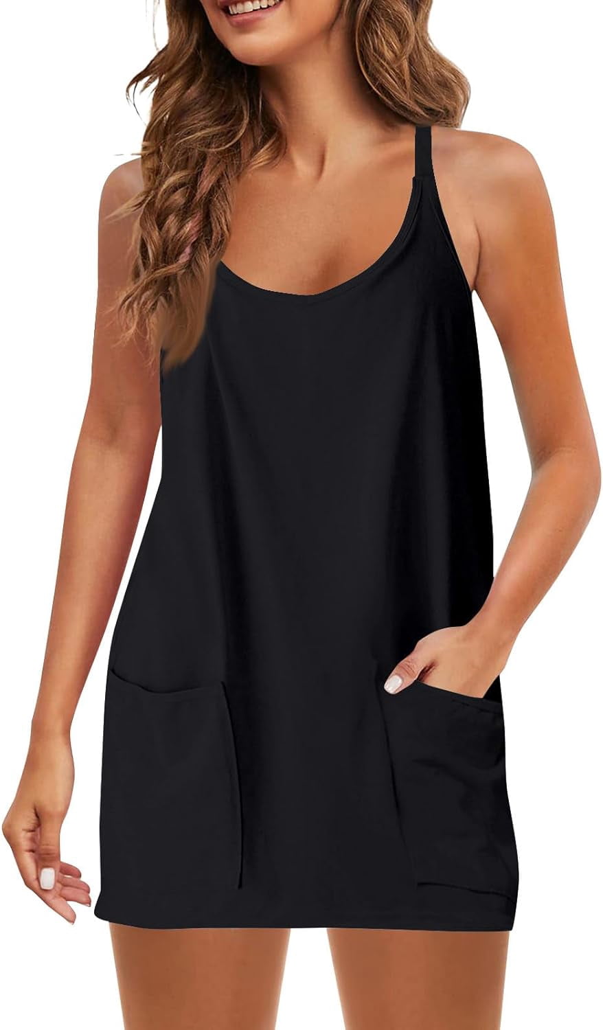 Women Tennis Dress Built in Shorts Adjustable Straps Hot Shot Mini Dress Athletic Workout Golf Dresses with Pockets