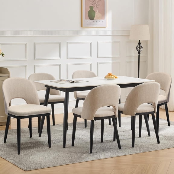Wooden Dining Chairs Set of 6,Modern Fabric Upholstered Dining Room Chair, Large Dining Room Kitchen Chairs with High Back and Deep Seat, Farmhouse Dinner Chair for Kitchen,Restaurant,Cafe,Beige
