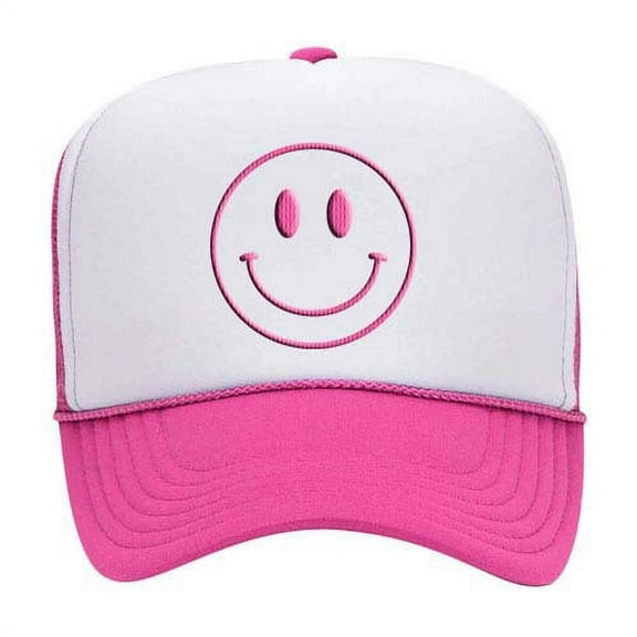 Happy Face Smile Face Unisex Embroidered Foam Front Mesh Back Trucker Hat, White/Pink