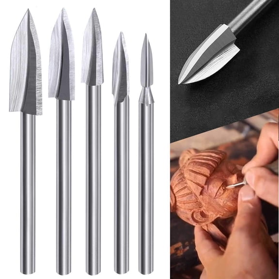 Wood Carving Tools for Rotary Tool, 5 PCS HSS Woodworking Tools Engraving Drill Bit Set Wood Crafts Grinding Tool Universal