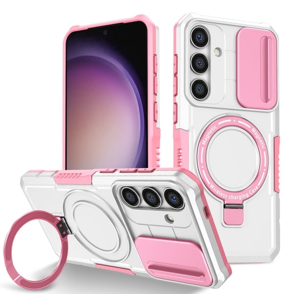 Phone Case for Samsung Galaxy S26 Plus with Sliding Camera Cover, Hand Grip Anti Slip Design Kickstand Ring Holder Hybrid Magnetic Wireless Charging Phone Cover for S26 Plus - White Pink