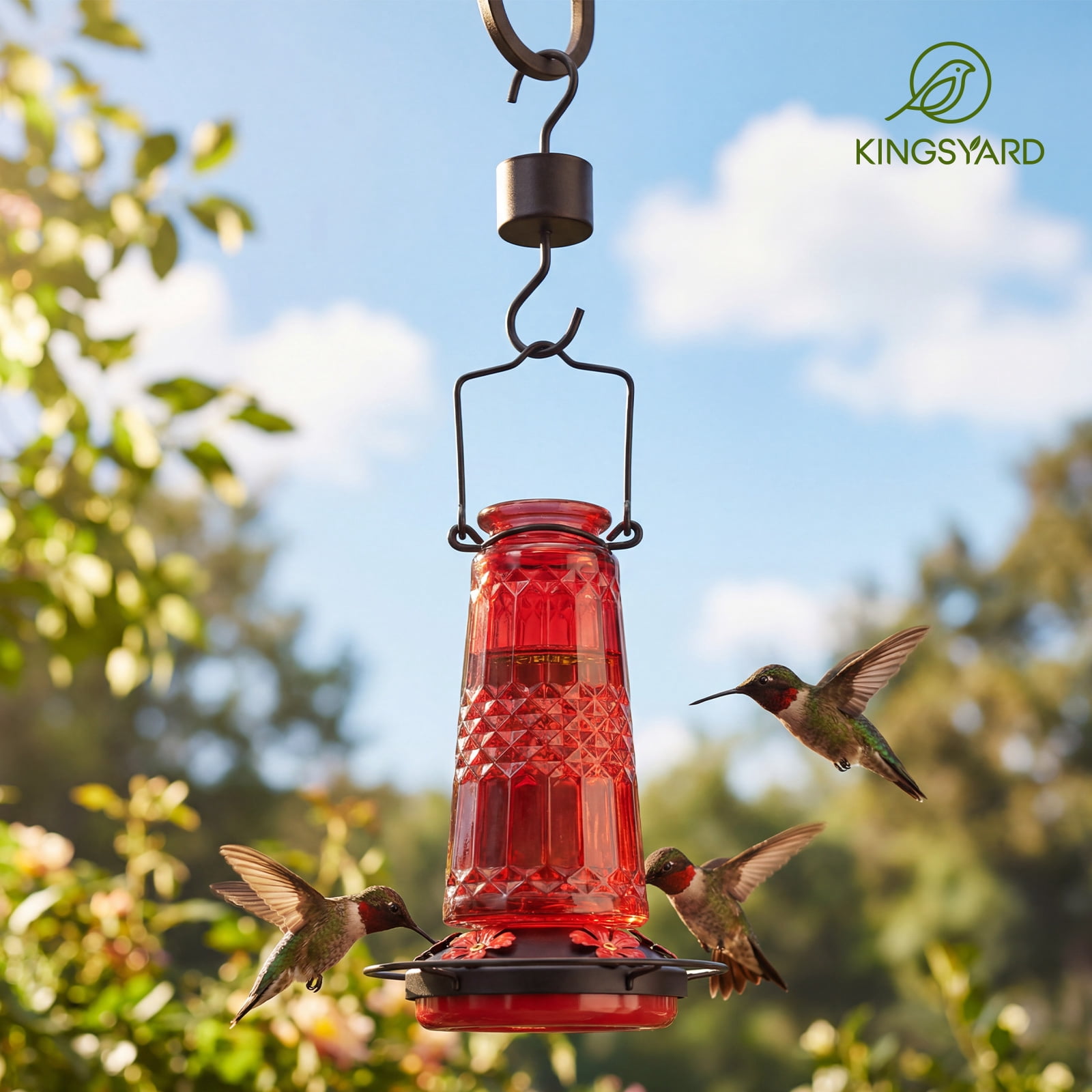 (2 pack) Kingsyard 18.6 oz Red Glass Hummingbird Feeder, 5 Red Ports, Ant Moat Included