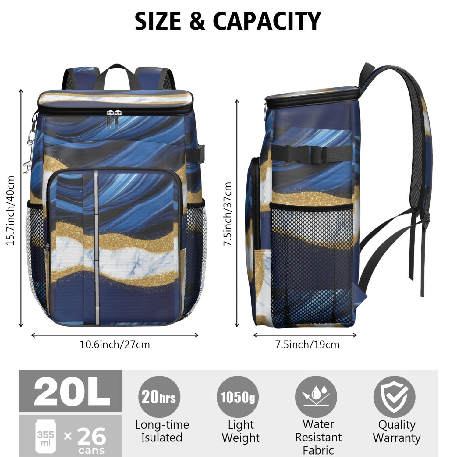 Travel Cooler Bag - Blue Gold Marble Camping Beer Cooler Backpack with Bottle Opener- Waterproof Insulated Picnic Backpacks - Cooler Bag for Beach
