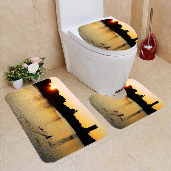 GOHAO Early Morning Row Charles River 3 Piece Bathroom Rugs Set Bath Rug Contour Mat and Toilet Lid Cover