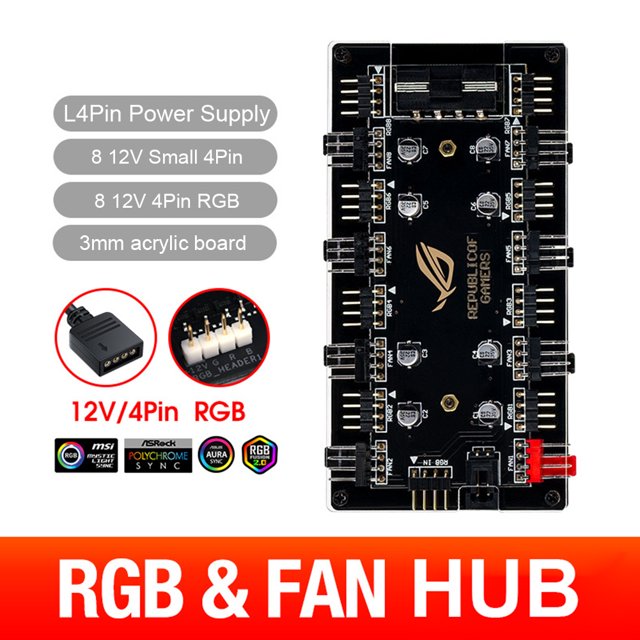 Kuymtek 1 a 8 Multi Way RGB PWM HUB 12V / 4 pines para placa base de ventilador (4D + Shell)