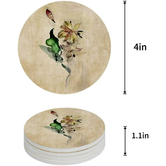 FMSHPON Peony Flowers on Vintage Set of 4 Round Coaster for Drinks, Absorbent Ceramic Stone Coasters Cup Mat with Cork Base for Home Kitchen Room Coffee Table Bar Decor